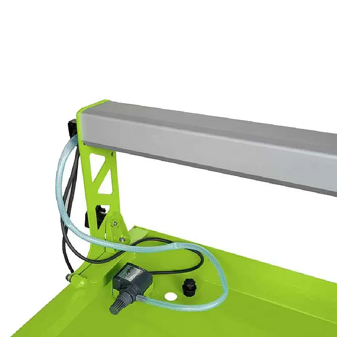Zipper Elektro-Fliesenschneider ZI-FS200-720 - 500 W, Max. Schnittlänge: 720 mm, Schnitttiefe bei 90 °: 40 mm - Hellgrünes Hydroponiksystem mit Tauchpumpe, transparentem Schlauch und grauer Überkopfleuchte.