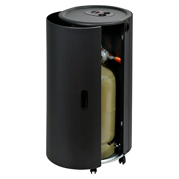 Firefix Gasheizer Chic 4200 Eco - L x B x H: 34 x 46 x 77,5 cm, Schwarz - Ein detailreiches Bild eines Gasheizstrahlers mit offener Tür, der die Gasflasche zeigt. Das Gerät ist schwarz und zylindrisch.