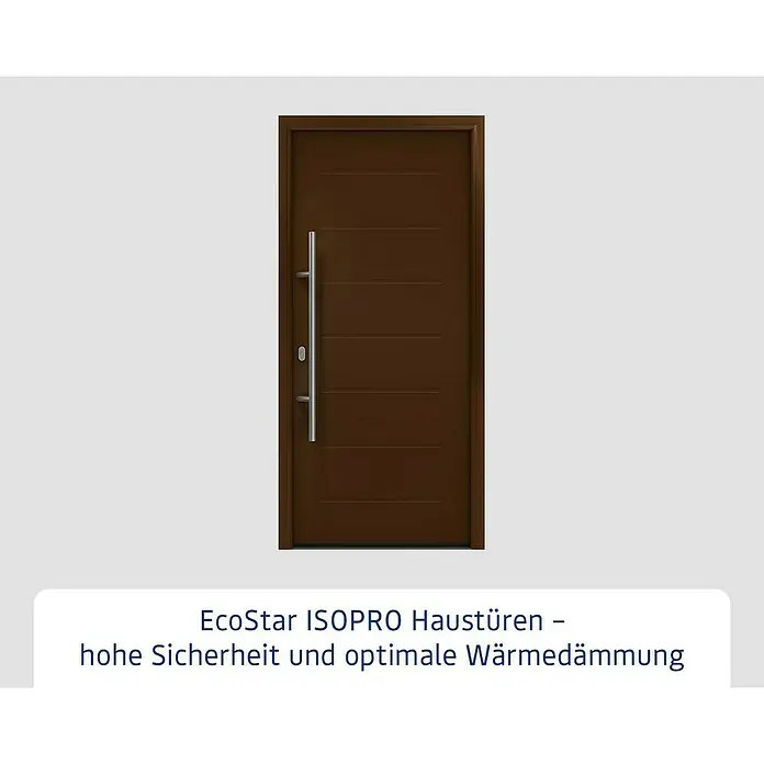 Hörmann EcoStar Haustür ISOPRO IP 015 - 110 x 210 cm, DIN Anschlag: Links, Terrabraun - Braune EcoStar ISOPRO Haustür mit langem silbernen Griff, für hohe Sicherheit und optimale Wärmedämmung.