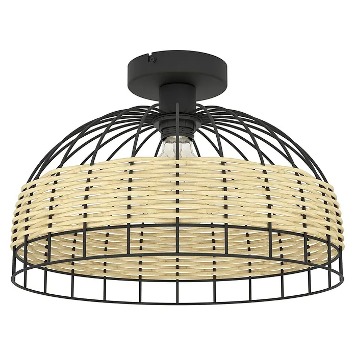 Eglo Anwick Deckenleuchte rund ANWICK - 60 W, Ø x H: 380 mm x 265 cm, Schwarz, E27 - Stilvolle Deckenleuchte mit einem schwarzen Metallrahmen und einem Schirm aus hellem Rattan, die jedem Raum eine natürliche Note verleiht.