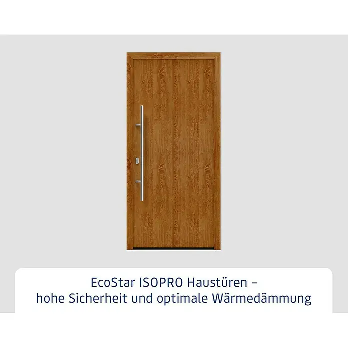 Hörmann EcoStar Haustür ISOPRO IP 010 - 110 x 210 cm, DIN Anschlag: Links, Golden Oak - Braune Haustür in Holzoptik mit einem langen silbernen vertikalen Griff.