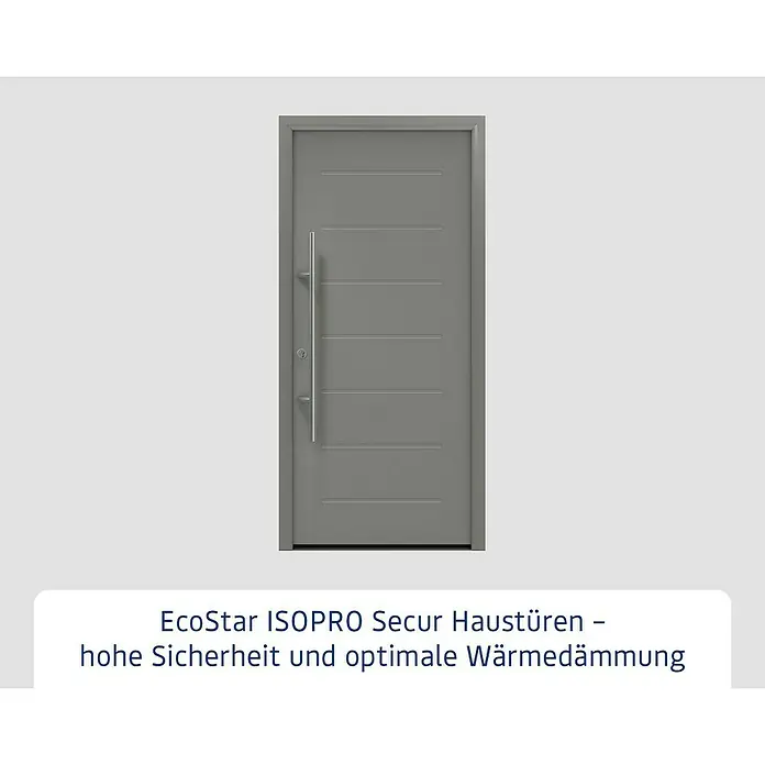 Hörmann EcoStar Haustür ISOPRO Secur IPS 015 - 110 x 210 cm, DIN Anschlag: Links, Graualuminium - Moderne graue EcoStar ISOPRO Secur Haustür mit horizontalen Rillen und langem silbernem Griff.