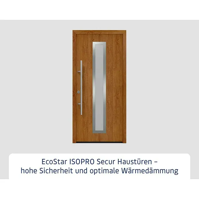 Hörmann EcoStar Haustür ISOPRO Secur IPS 700S - 110 x 210 cm, DIN Anschlag: Links, Golden Oak - Braune Haustür in Holzoptik mit vertikalem, silbernem Metalleinsatz und langem silbernem Stangengriff.