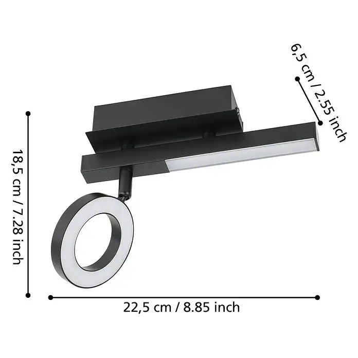 Eglo Cardillio 2 LED-Deckenstrahler - 5,4 W, L x B x H: 22,5 x 6,5 x 16,5 cm, Schwarz, Warmweiß, 2 Stk. - Produktbild einer schwarzen LED-Deckenleuchte mit ringförmigem Leuchtmittel und minimalistischem Design.
