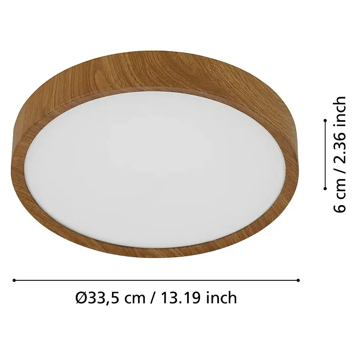 Eglo LED-Deckenleuchte rund MUSURITA - 19,5 W, Ø x H: 340 mm x 6 cm, Holz, Warmweiß - Abbildung einer runden Deckenleuchte in Holzoptik mit den Maßen Ø33,5 cm und einer Höhe von 6 cm.