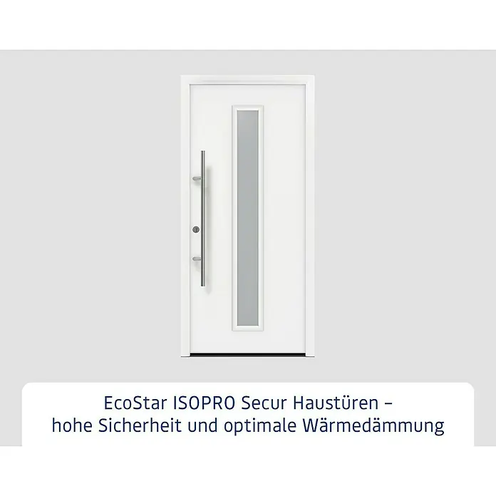 Hörmann EcoStar Haustür ISOPRO Secur IPS 020S - 110 x 210 cm, DIN Anschlag: Links, Verkehrsweiß - Weiße moderne Haustür mit langem silbernem Griff und vertikalem Milchglaseinsatz.
