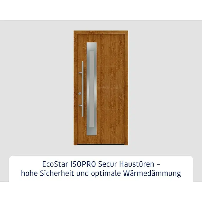 Hörmann EcoStar Haustür ISOPRO Secur IPS 780S - 110 x 210 cm, DIN Anschlag: Links, Golden Oak - Abbildung einer EcoStar ISOPRO Secur Haustür in Holzoptik mit vertikalem Glaselement und modernem Edelstahlgriff.