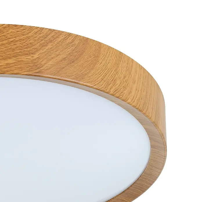 Eglo LED-Deckenleuchte rund MUSURITA - 19,5 W, Ø x H: 340 mm x 6 cm, Holz, Warmweiß - Nahaufnahme einer runden LED-Deckenleuchte mit Holzrahmen und diffusem, weißem Lampenschirm für sanftes, gleichmäßiges Licht.