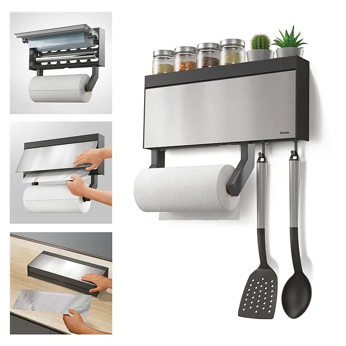 Metaltex Küchenrollenhalterung Tango Inox - L x B x H: 63 x 381 x 166 mm - Küchenorganizer aus gebürstetem Edelstahl & Schwarz: Küchenrolle, Folien/Frischhaltefolie-Spender, Gewürzregal, Utensilienhaken.