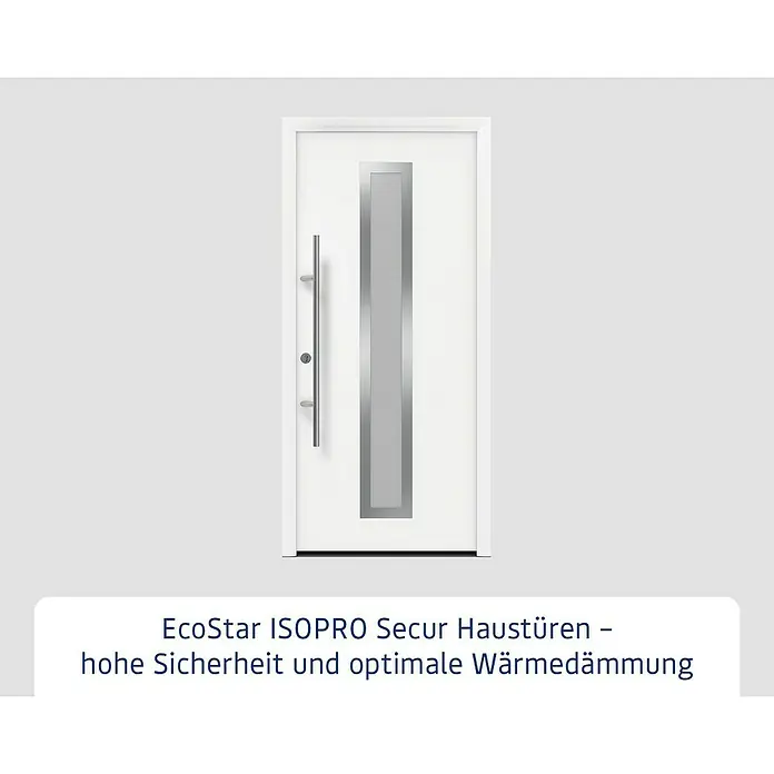 Hörmann EcoStar Haustür ISOPRO Secur IPS 700S - 110 x 210 cm, DIN Anschlag: Links, Verkehrsweiß - Weiße EcoStar ISOPRO Secur Haustür mit vertikalem Glasausschnitt in Metallrahmen und gebürstetem Metallgriff.