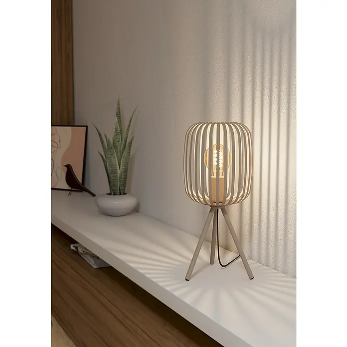 Eglo Romazzina Tischleuchte - 40 W, Sand, E27 - Dekorative Tischleuchte mit Holzrahmen und warmem Lichtschein, die eine gemütliche Atmosphäre schafft.