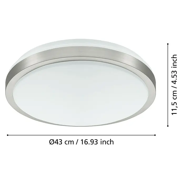 Eglo LED-Wand- & Deckenleuchte Competa 1 - 24 W, Weiß/Silber, 430 mm - Produktbild: Eine runde Deckenleuchte mit silbernem Rahmen und weißen Lampenschirm, Maße sind abgebildet.