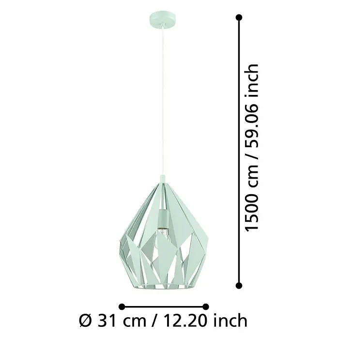 Eglo Pendelleuchte Carlton-P - Höhe: 150 cm - Abbildung einer pastellgrünen Hängelampe mit geometrischem Lampenschirm und den Abmessungen 31 cm Durchmesser und 1500 cm Höhe.