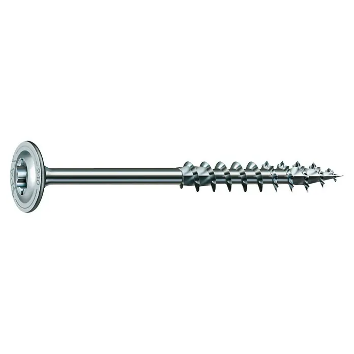 Spax HI FORCE Tellerkopfschraube HI FORCE - Ø x L: 10 x 220 mm, WIROX Oberfläche, T-Star plus, 1 Stk. - Nahaufnahme einer SPAX-Holzbauschraube mit Senkkopf, T-STAR plus Antrieb und Teilgewinde, ideal für Holzkonstruktionen.