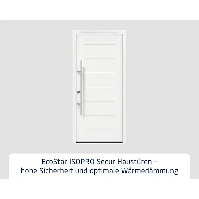 Hörmann EcoStar Haustür ISOPRO Secur IPS 015 - 110 x 210 cm, DIN Anschlag: Links, Verkehrsweiß - Weiße Haustür mit langem Edelstahl-Stangengriff und horizontalen Zierrillen.