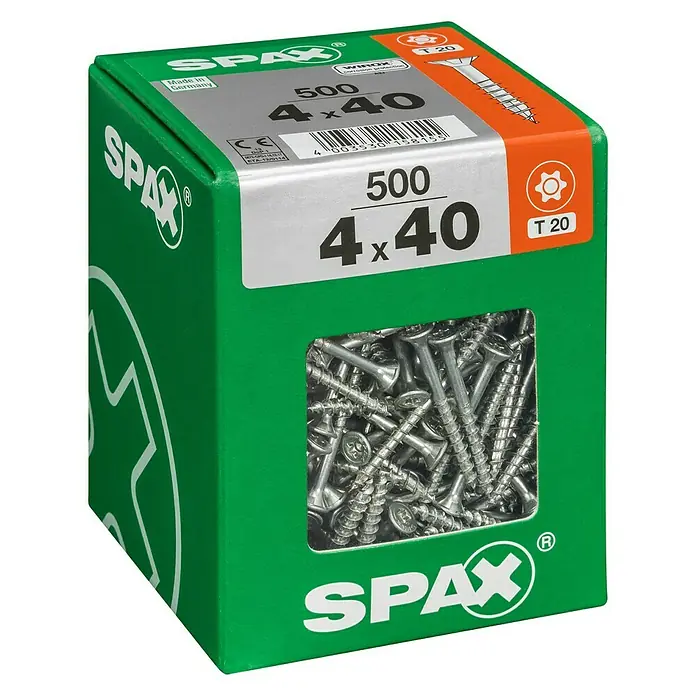 Spax T-Star plus Universalschraube T-Star plus - Ø x L: 4 x 40 mm, WIROX Oberfläche, T-Star plus, 500 Stk. - Eine grüne Spax Schraubenbox mit der Aufschrift "500 4x40" gefüllt mit glänzenden silbernen Schrauben.