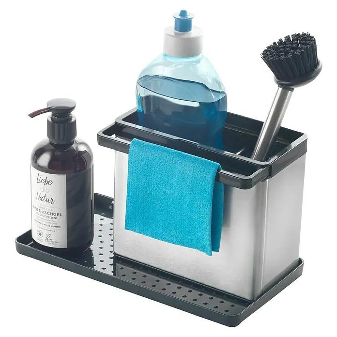 Metaltex Spülbecken-Organizer Tidy-Tex - Inox-Edelstahl, L x B x H: 24 x 13 x 14 cm, Kunststoff - Spülbecken-Organizer aus Edelstahl und schwarzem Kunststoff mit Spülmittelflasche, Spülbürste, blauem Schwamm und dunkler Pumpflasche.