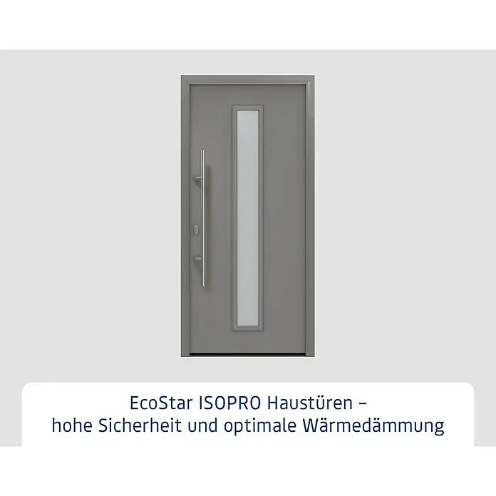 Hörmann EcoStar Haustür ISOPRO IP 020S - 110 x 210 cm, DIN Anschlag: Links, Graualuminium - Moderne graue Haustür mit vertikalem Glaseinsatz und langem Stangengriff.