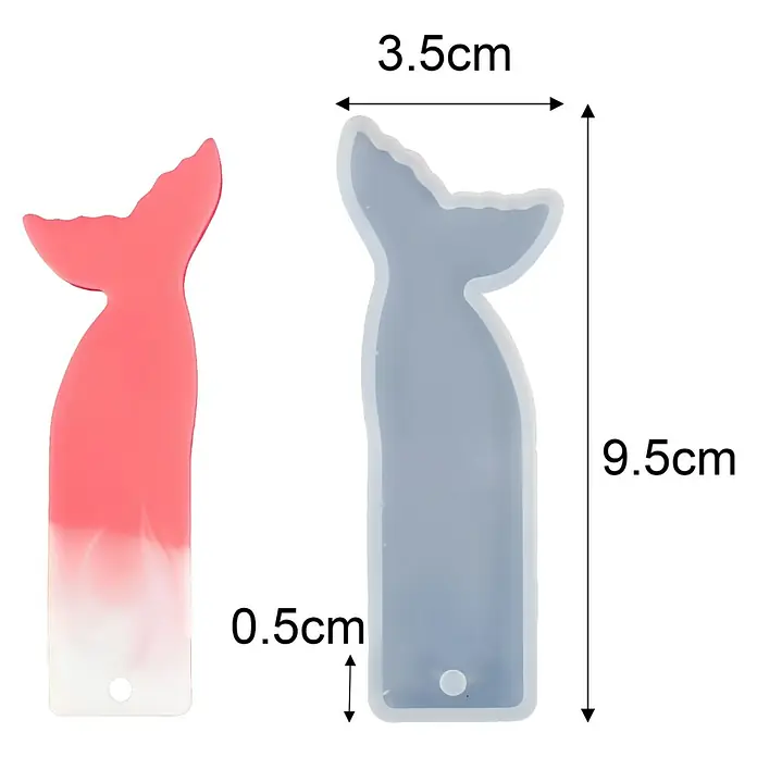 CreativEpoxy Gießform Silikonformen-Set - Lesezeichen, Silikon - Silikonform und rosa/weißes Harz-Lesezeichen mit Meerjungfrauenschwanz-Design, 9,5cm hoch, 3,5cm breit, 0,5cm dick.