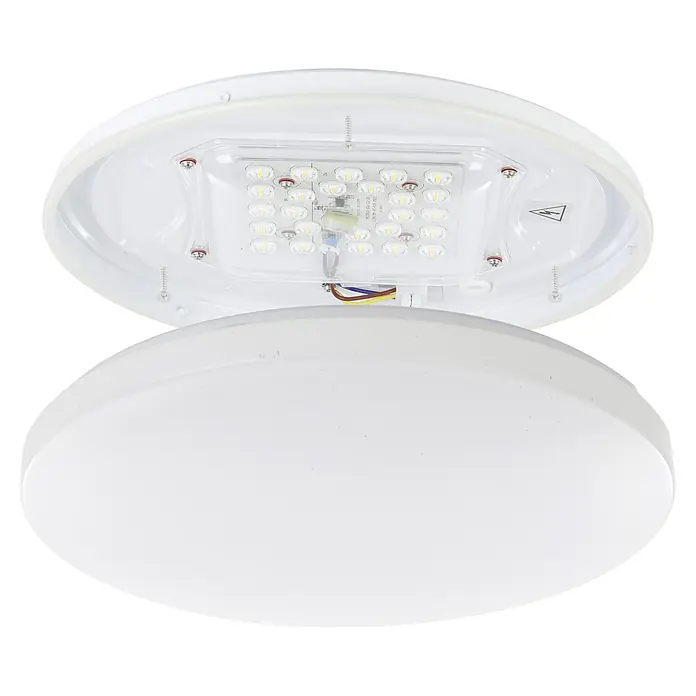 Eglo LED-Deckenleuchte rund Kristall - 18 W, Ø x H: 31 x 5,5 cm, Neutralweiß - Nahaufnahme einer runden, weißen LED-Deckenleuchte, die teilweise demontiert ist und interne Komponenten zeigt.