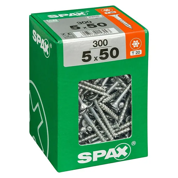 Spax T-Star plus Universalschraube T-Star plus - Ø x L: 5 x 50 mm, WIROX Oberfläche, T-Star plus, 300 Stk. - Eine grüne Packung SPAX-Schrauben, Größe 5x50, mit 300 Stück für vielfältige Anwendungen im Bau- und Heimwerkerbereich.