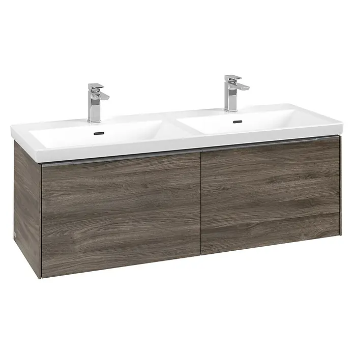 Villeroy & Boch Subway 3.0 Waschbeckenunterschrank - Stone Oak, Anzahl Schubladen: 2 Stk., Farbe Griff: Aluminium glänzend, B x T x H: 127,2 x 47,8 x 42,9 cm, Mit Beleuchtung, Geeignet für Doppelwaschtisch - Moderner Doppelwaschtisch mit dunklem Holzschrank, zwei integrierten weißen Waschbecken und Chromarmaturen.