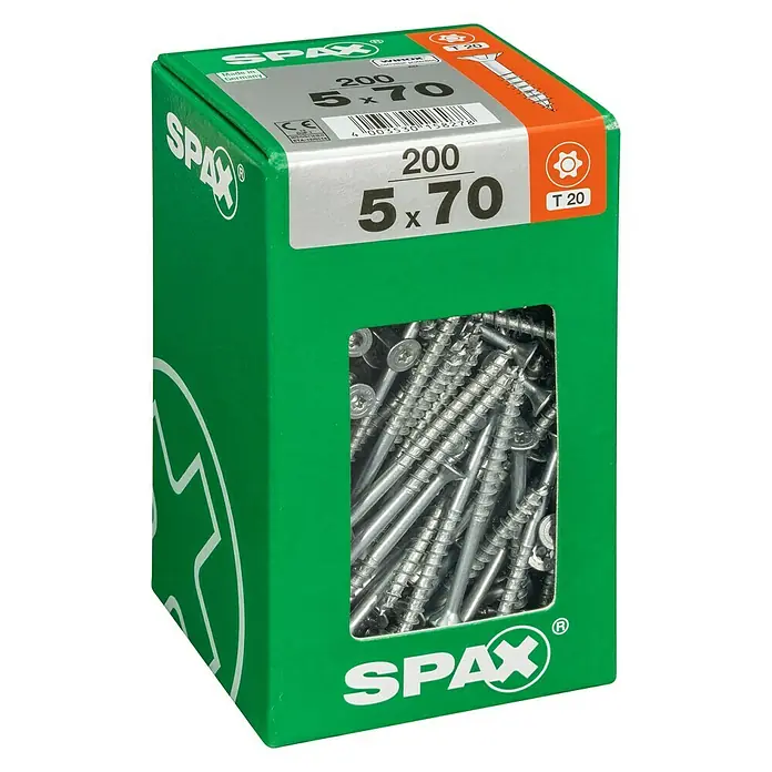 Spax T-Star plus Universalschraube T-Star plus - Ø x L: 5 x 70 mm, WIROX Oberfläche, T-Star plus, 200 Stk. - Bild einer Spax-Schrauben-Box, grün mit 200 Schrauben, Größe 5x70, ideal für Bauprojekte.