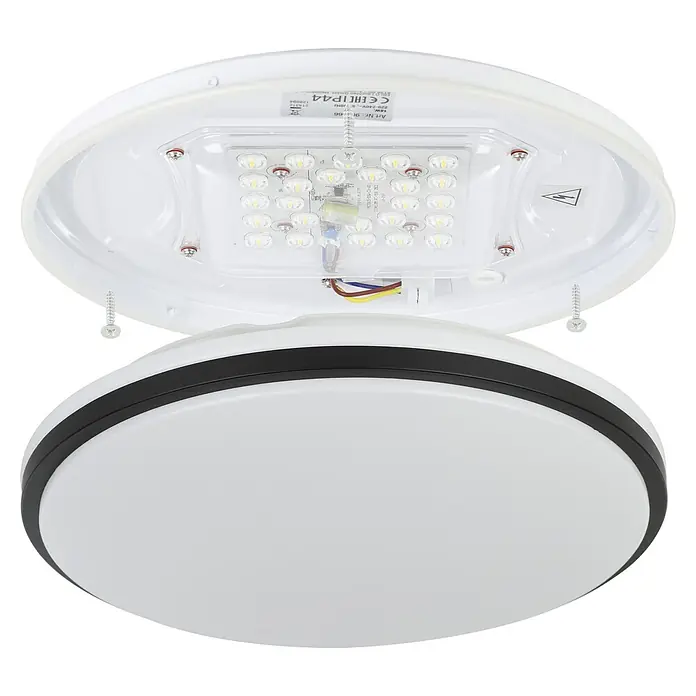 Eglo LED-Deckenleuchte rund - 18 W, Ø x H: 34 x 6,5 cm, Chrom, Neutralweiß - Nahaufnahme einer runden LED-Deckenleuchte mit weißem Gehäuse und schwarzem Rand.