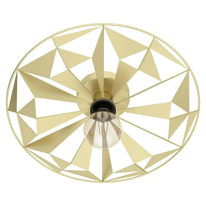 Eglo Deckenleuchte rund CASTANUELO - 40 W, Ø x H: 425 mm x 100 cm, Gold, E27 - Nahaufnahme einer goldenen Deckeneinbauleuchte mit geometrischem Design und einer Edison-Glühbirne für stilvolle Beleuchtung.
