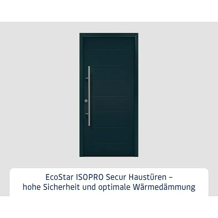 Hörmann EcoStar Haustür ISOPRO Secur IPS 015 - 110 x 210 cm, DIN Anschlag: Links, Anthrazitgrau - Dunkelblaue moderne Haustür mit horizontalen Rillen und langem Edelstahl-Stangengriff.