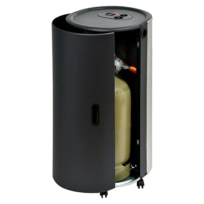 Firefix Gasheizer Chic 4200 Eco - L x B x H: 34 x 46 x 77,5 cm, Silber - Nahaufnahme eines Heizpilzes mit geöffneter Tür, der eine Gasflasche freigibt.\n