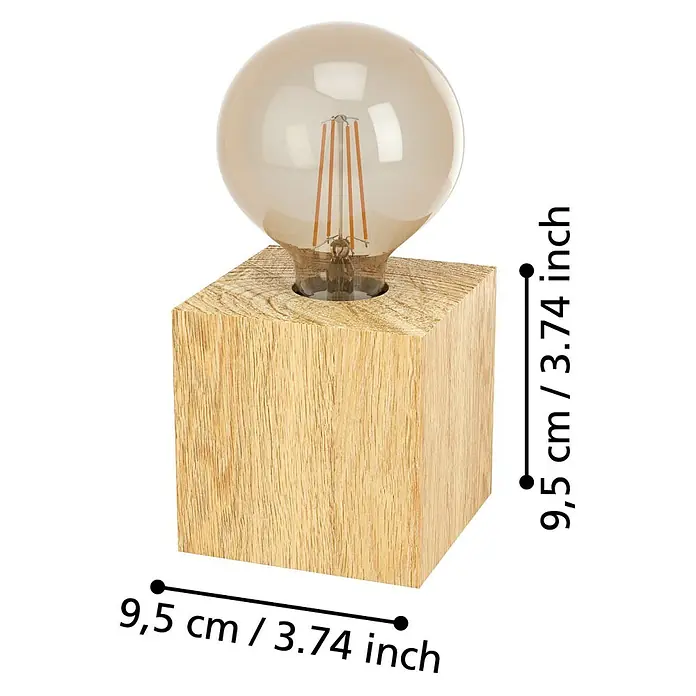 Eglo Tischleuchte PRESTWICK 2 - 40 W, L x B x H: 9,5 x 9,5 x 9,5 cm, Braun, E27 - Kleiner hölzerner Würfellampenfuß (9,5 cm) mit großer, runder, bernsteinfarbener LED-Glühbirne.