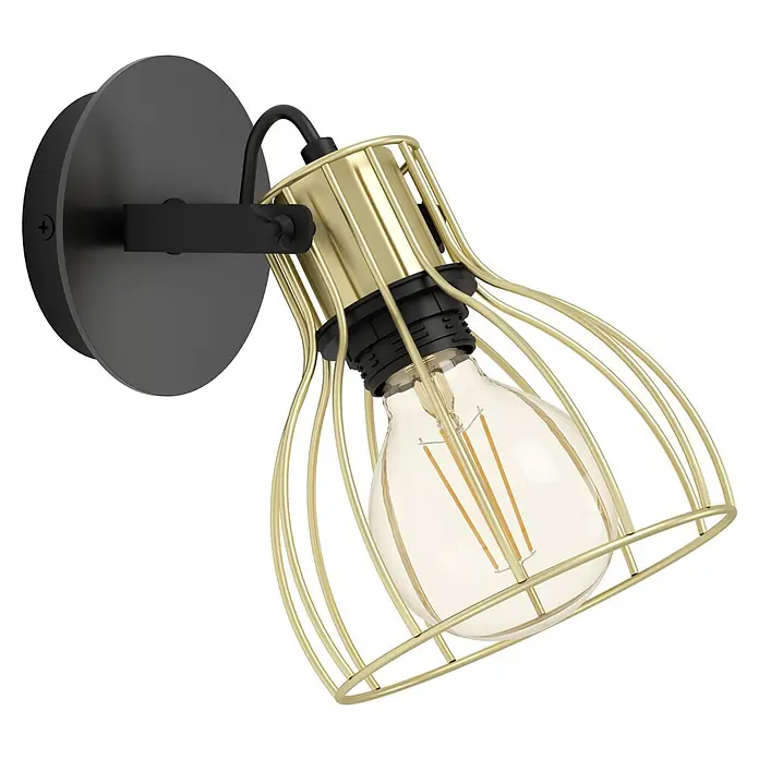 Eglo Sambatello Deckenstrahler - 40 W, L x B x H: 26 x 15 x 22 cm, Schwarz/Messing-gebürstet, E27, 1 Stk. - Die goldene Industriedesign-Wandleuchte mit offenem Käfigdesign und einer Edison-Glühbirne ist ein Blickfang.