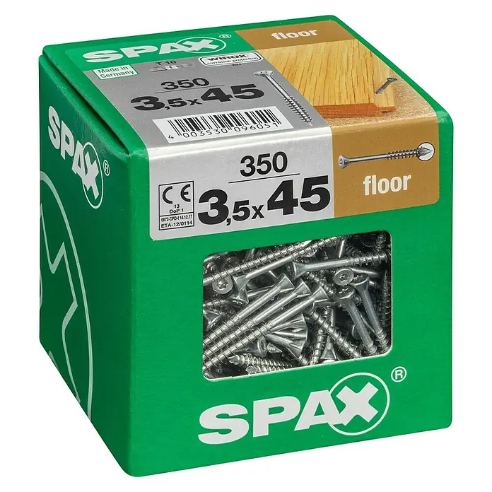 Spax T-Star plus Dielenschraube - Ø x L: 3,5 x 45 mm, WIROX Oberfläche, 350 Stk., Teilgewinde - Eine grüne Packung SPAX-Bodenschrauben, Größe 3,5x45 mm, mit 350 Stück Inhalt, ideal für langlebige und zuverlässige Bodenbefestigungen.