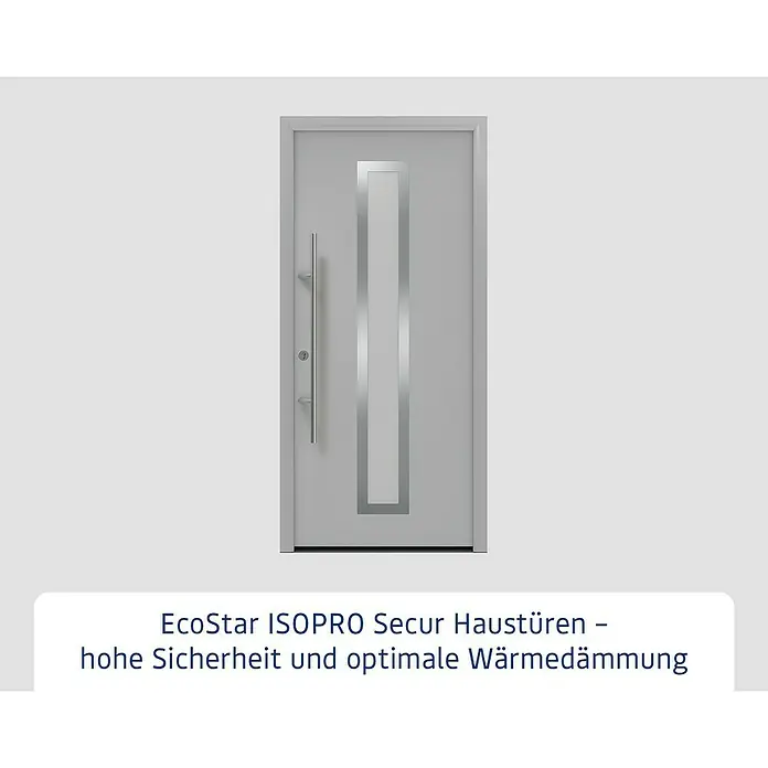 Hörmann EcoStar Haustür ISOPRO Secur IPS 700S - 110 x 210 cm, DIN Anschlag: Links, Weißaluminium - Moderne hellgraue Haustür mit langem vertikalem Stangengriff und rechteckigem, gebürstetem Metall-Dekorelement in der Mitte.