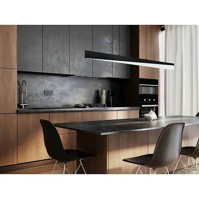 Eglo Isidro LED-Pendelleuchte - 27 W, L x B x H: 79,5 x 6 x 11 cm, Schwarz, Warmweiß - Moderne Küchendetails: Minimalistische Küchenzeile mit klaren Linien, modernen Stühlen und stilvoller Beleuchtung für ein elegantes Ambiente.