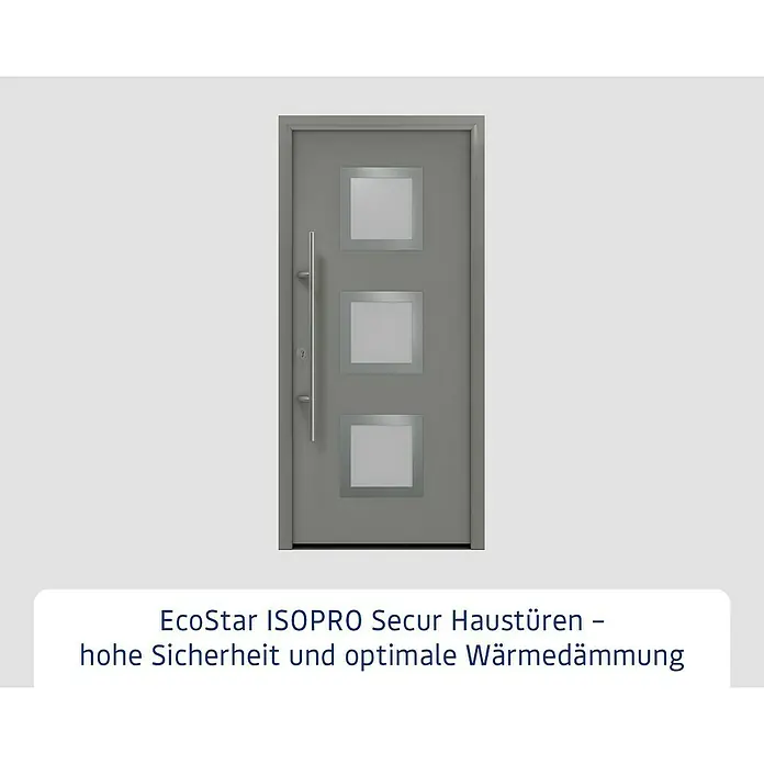 Hörmann EcoStar Haustür ISOPRO Secur IPS 810S - 110 x 210 cm, DIN Anschlag: Links, Graualuminium - EcoStar ISOPRO Secur Haustür in Grau mit drei quadratischen Fenstern und langem Griff, für hohe Sicherheit und optimale Wärmedämmung.