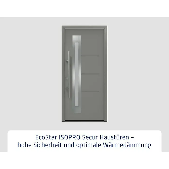 Hörmann EcoStar Haustür ISOPRO Secur IPS 780S - 110 x 210 cm, DIN Anschlag: Links, Graualuminium - Graue EcoStar ISOPRO Haustür mit geradem Türgriff und Glaseinsatz für hohe Sicherheit und optimale Wärmedämmung.