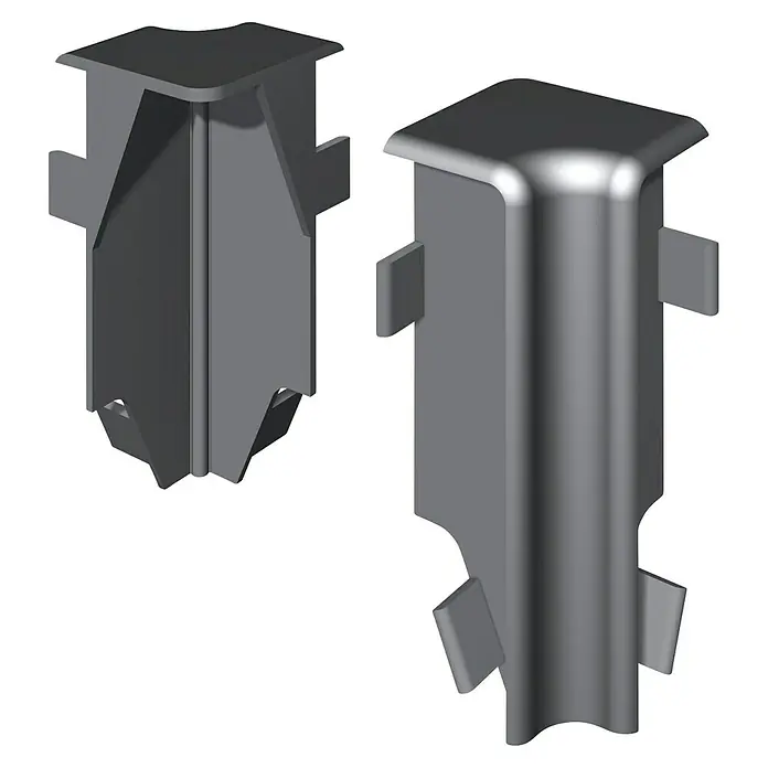 Egger Innenecke Cubical - Silber, 2 Stk., Passend für: Egger Cubical Sockelleisten 14 x 58 mm - Zwei graue Eckverbinder für Profile, verschiedene Ansichten.