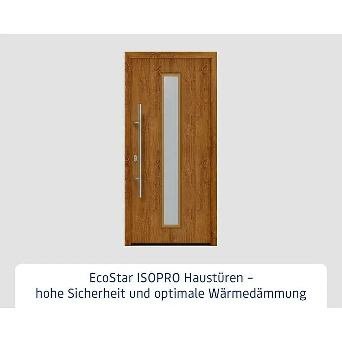 Hörmann EcoStar Haustür ISOPRO IP 020S - 110 x 210 cm, DIN Anschlag: Links, Golden Oak - Haustür in Holzoptik mit vertikalem Milchglaseinsatz und langem Silbergriff.