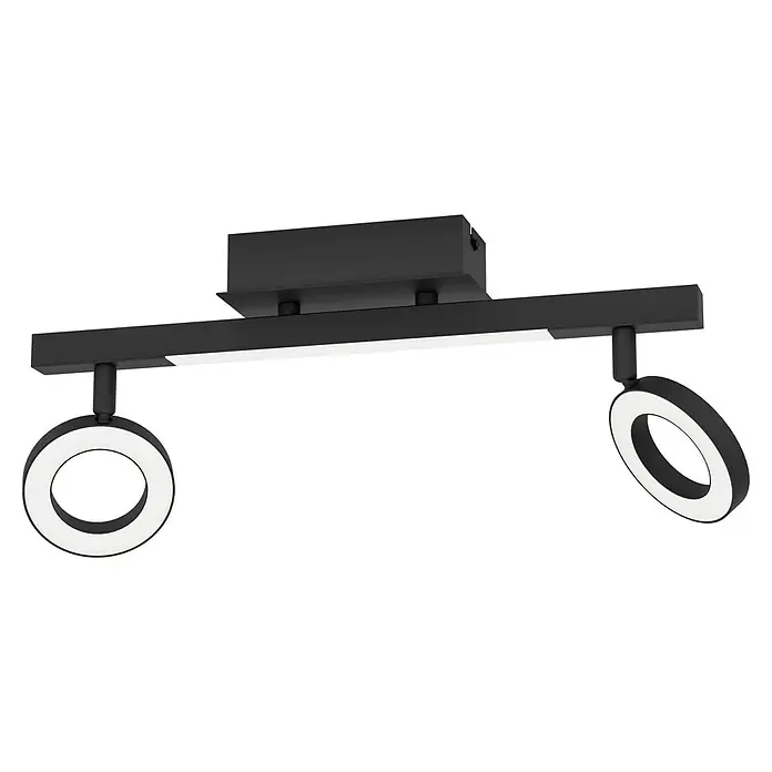 Eglo Cardillio 2 LED-Deckenstrahler - 9,7 W, L x B x H: 38,5 x 8,5 x 17,5 cm, Schwarz, Warmweiß, 3 Stk. - Moderne schwarze Deckenleuchte mit zwei runden LED-Strahlern, die ein helles, gerichtetes Licht bietet. Ideal für stilvolle Innenräume.