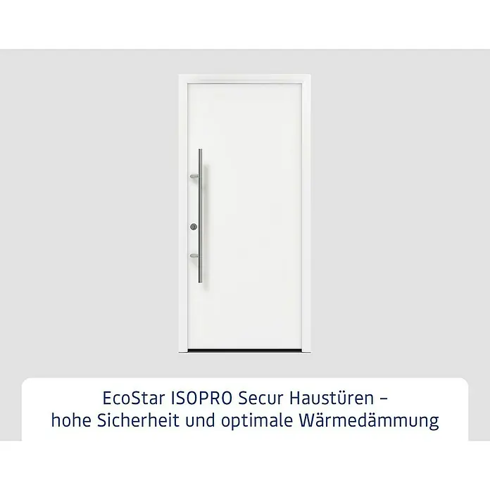 Hörmann EcoStar Haustür ISOPRO Secur IPS 010 - 110 x 210 cm, DIN Anschlag: Links, Verkehrsweiß - Eine moderne weiße Haustür mit langem, vertikalem silberfarbenem Stangengriff und Schlüsselloch.