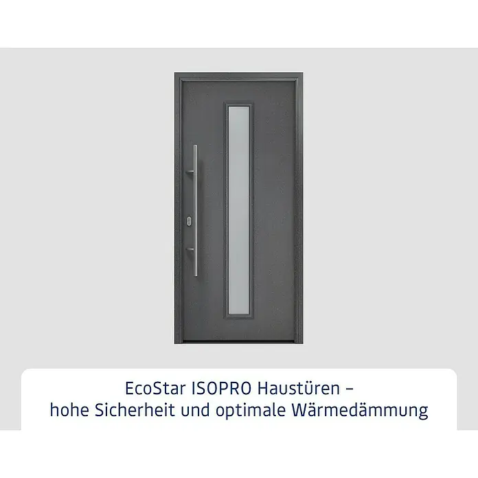Hörmann EcoStar Haustür ISOPRO IP 020S - 110 x 210 cm, DIN Anschlag: Links, CH 703 Anthrazit Metallic - Graue, moderne Haustür mit vertikalem Glaseinsatz und langem Griff.