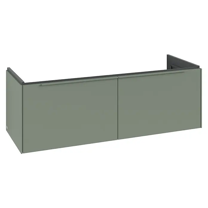Villeroy & Boch Subway 3.0 Waschbeckenunterschrank - Soft Green, Anzahl Schubladen: 2 Stk., Farbe Griff: Monochrom, B x T x H: 127,2 x 47,8 x 42,9 cm, Mit Beleuchtung, Geeignet für Doppelwaschtisch - Gedämpfter grüner Wandschrank mit zwei Türen und dunkelgrauen integrierten Griffen.