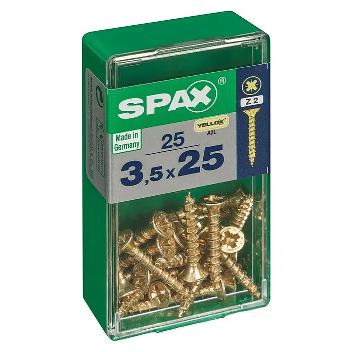 Spax Universalschraube - 3,5 x 25 mm, Vollgewinde, 25 Stk. - Eine Packung goldfarbener SPAX Schrauben der Größe 3,5x25 mm, ideal für diverse Befestigungsarbeiten und Heimwerkerprojekte.