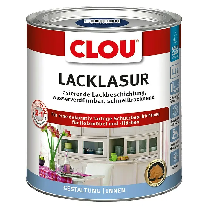 Clou Aqua Lacklasur Combi-Clou L17 - Blau, 375 ml, Seidenmatt - Dose Clou Lacklasur, eine wasserbasierte, schnelltrocknende Lasur für dekorative und schützende Beschichtungen von Holzmöbeln und Flächen im Innenbereich.