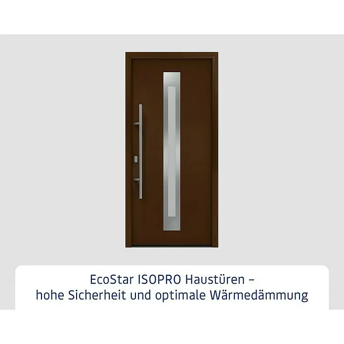 Hörmann EcoStar Haustür ISOPRO IP 770S - 110 x 210 cm, DIN Anschlag: Links, Terrabraun - Moderne braune Haustür mit langem silbernem Griff und vertikalem Milchglaseinsatz.