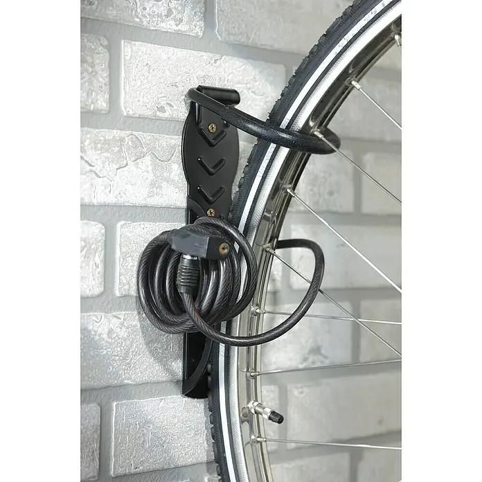 Mottez Gancho de pared para bicicletas B865V - Acero, Negro - Soporte de pared negro para bicicleta con rueda y candado enrollado.