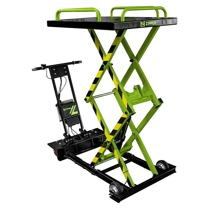 Zipper Scherenhubwagen ZI-SHW300 - Länge Arbeitsplatte: 100 cm, 60 cm, Max. Ladegewicht: 300 kg - Mobiler Scherenhubtisch in Schwarz und Limettengrün, mit Schiebegriff und Rollen für Transport und Höhenverstellung.
