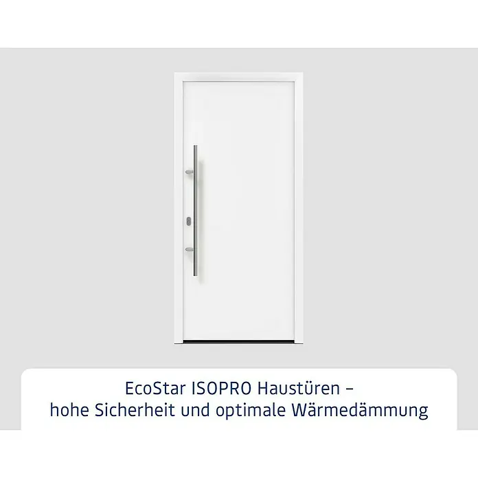 Hörmann EcoStar Haustür ISOPRO IP 010 - 110 x 210 cm, DIN Anschlag: Links, Verkehrsweiß - Weiße EcoStar ISOPRO Haustür mit langem, vertikalem silbernem Stangengriff.